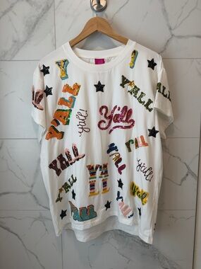 QOS White Sequin 'Y'all' Graphic Tee
